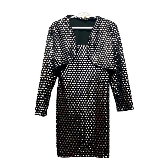 Vintage Dresses & Skirts - Vtg 90s Bodycon+Bolero Velour Black Mirror Dots S